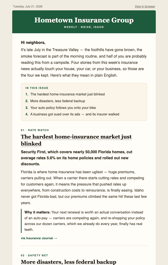 A real newslet issue for an independent Boise agency: wildfire payouts translated to dwelling limits, flood-gap warnings, e-bike liability, and a renewal shopping nudge
