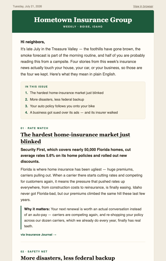 A real newslet issue for a Boise insurance agency
